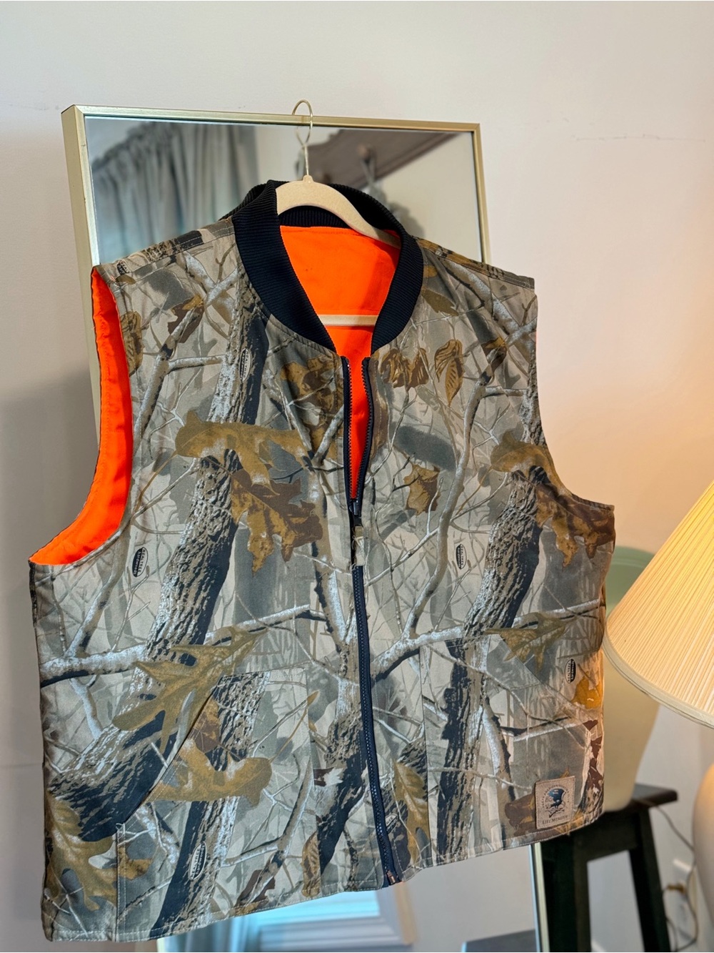 Reversible Realtree-Style Camo Vest with High-Vis Orange Lining